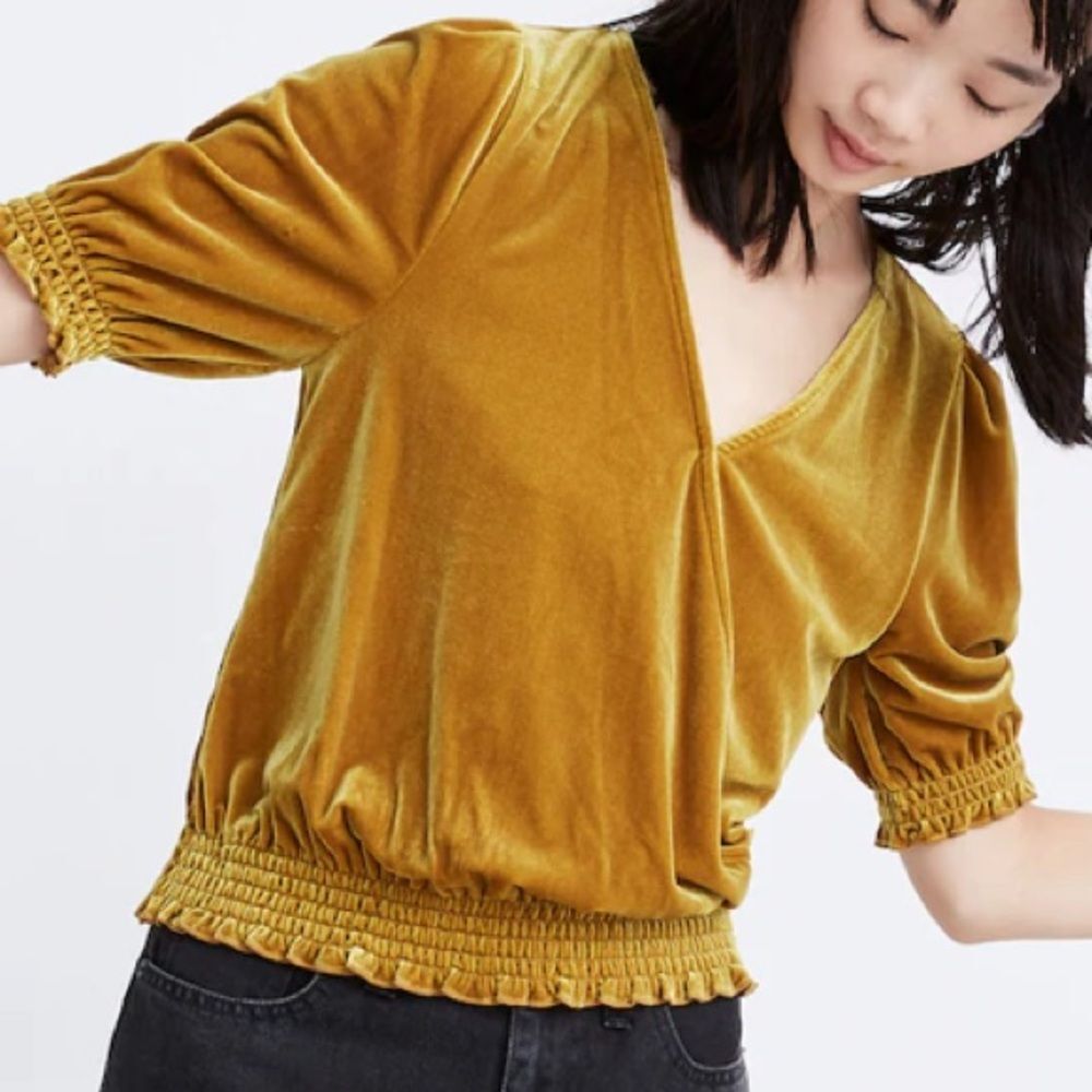 Madewell Golden Mustard Velvet V-Neck Smocked-Hem Blouse